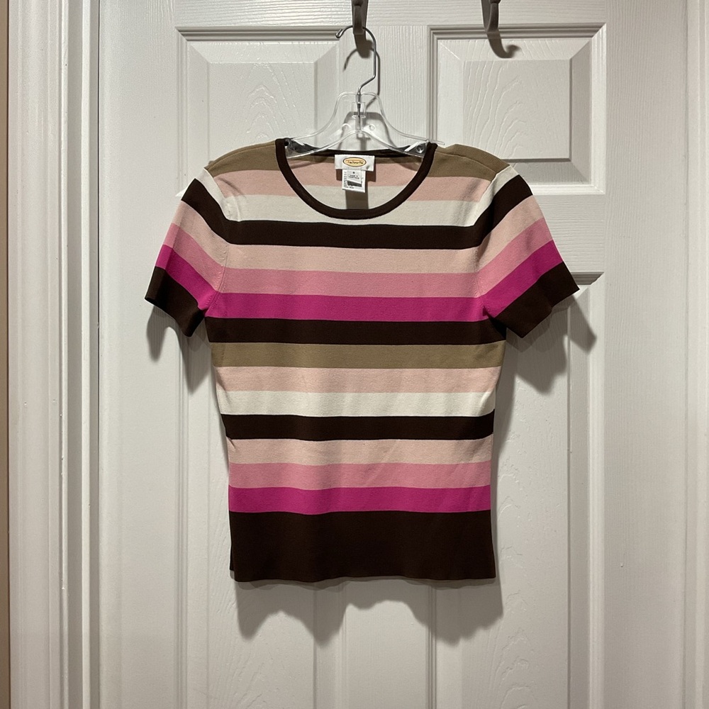 Talbots Multicolor Striped pink, brown & cream Short Sleeve Tee top Tshirt